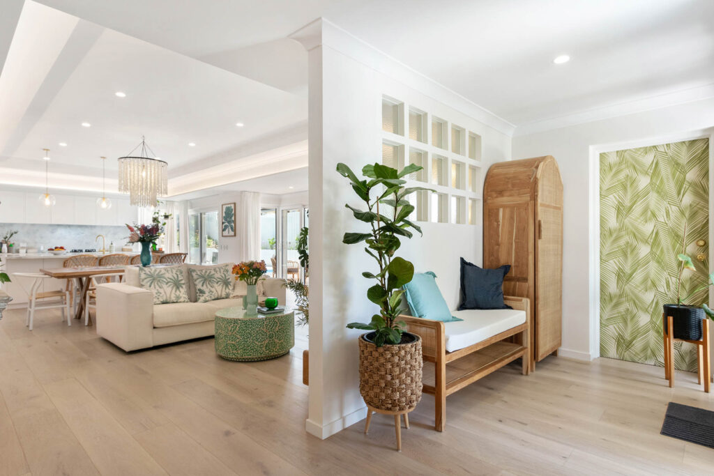 This Perth home has been renovated to create a modern open-plan living concept with a beautiful coffered ceiling.