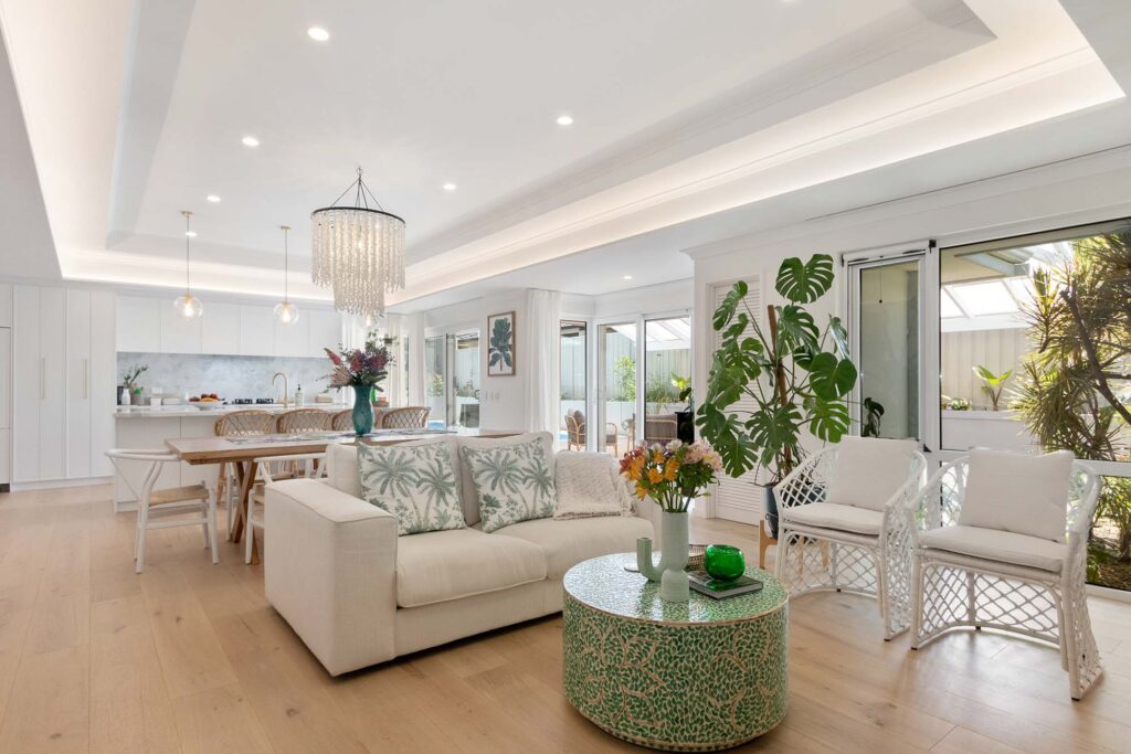 This Perth home has been renovated to create a modern open-plan kitchen, living and dining area.