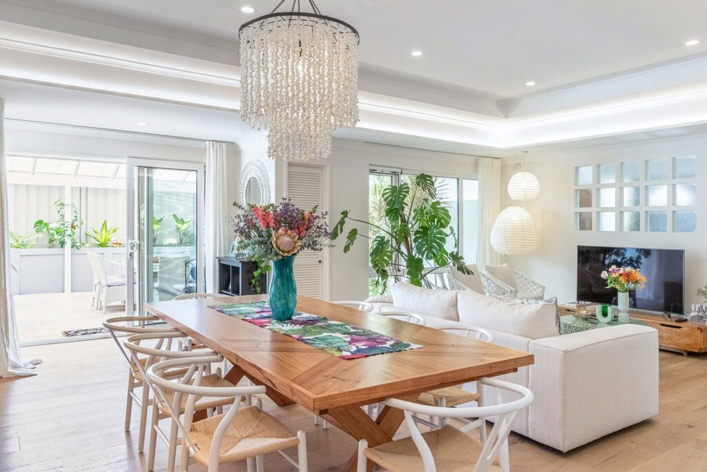 Newly renovated Perth home, boasting a open plan living and dining area with a beautiful coffered ceiling.